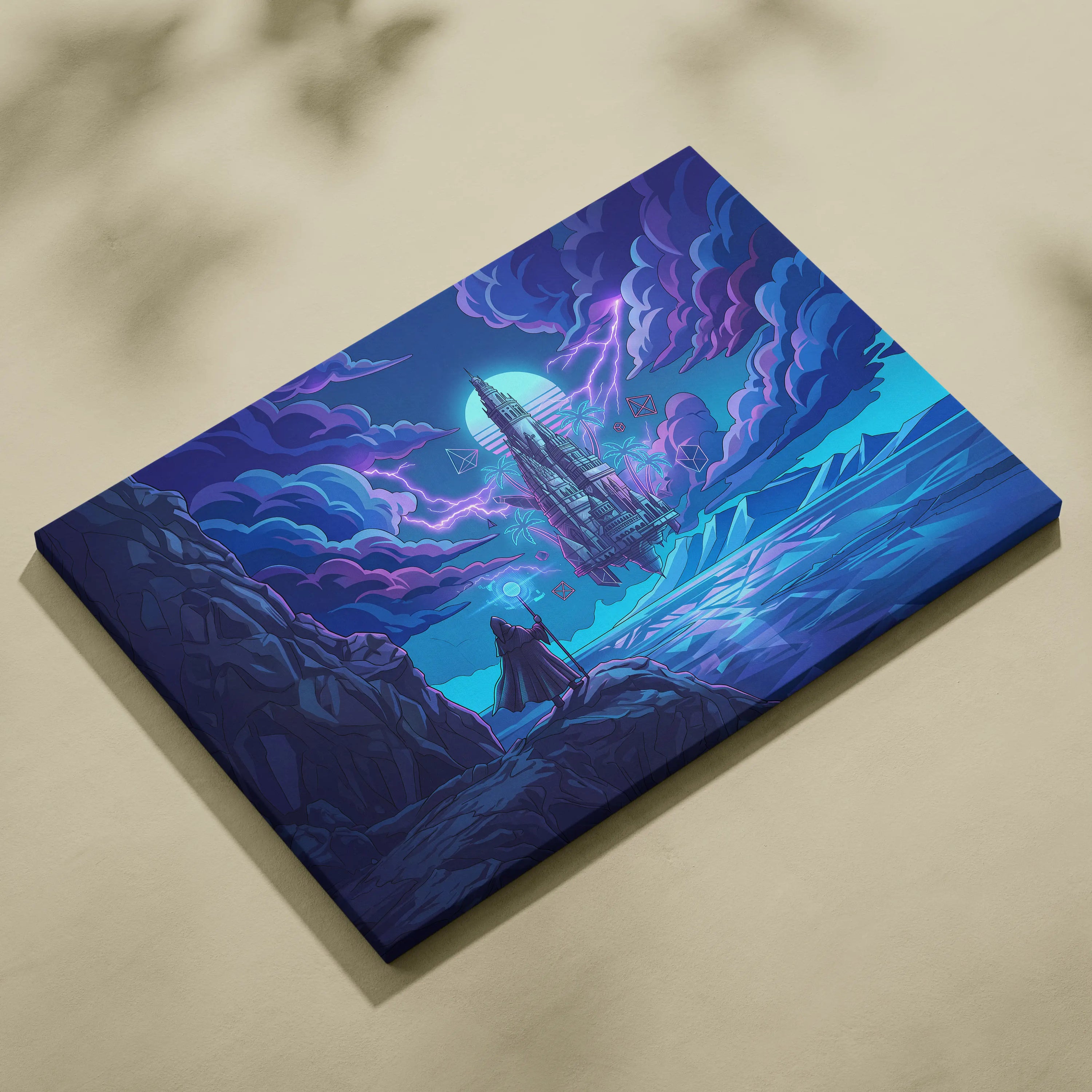 Vaporwave Neon Castle Canvas - Vaporwave Castle Neon Pink Purple Blue Living Room Modern Art Mystical Retro Canvas