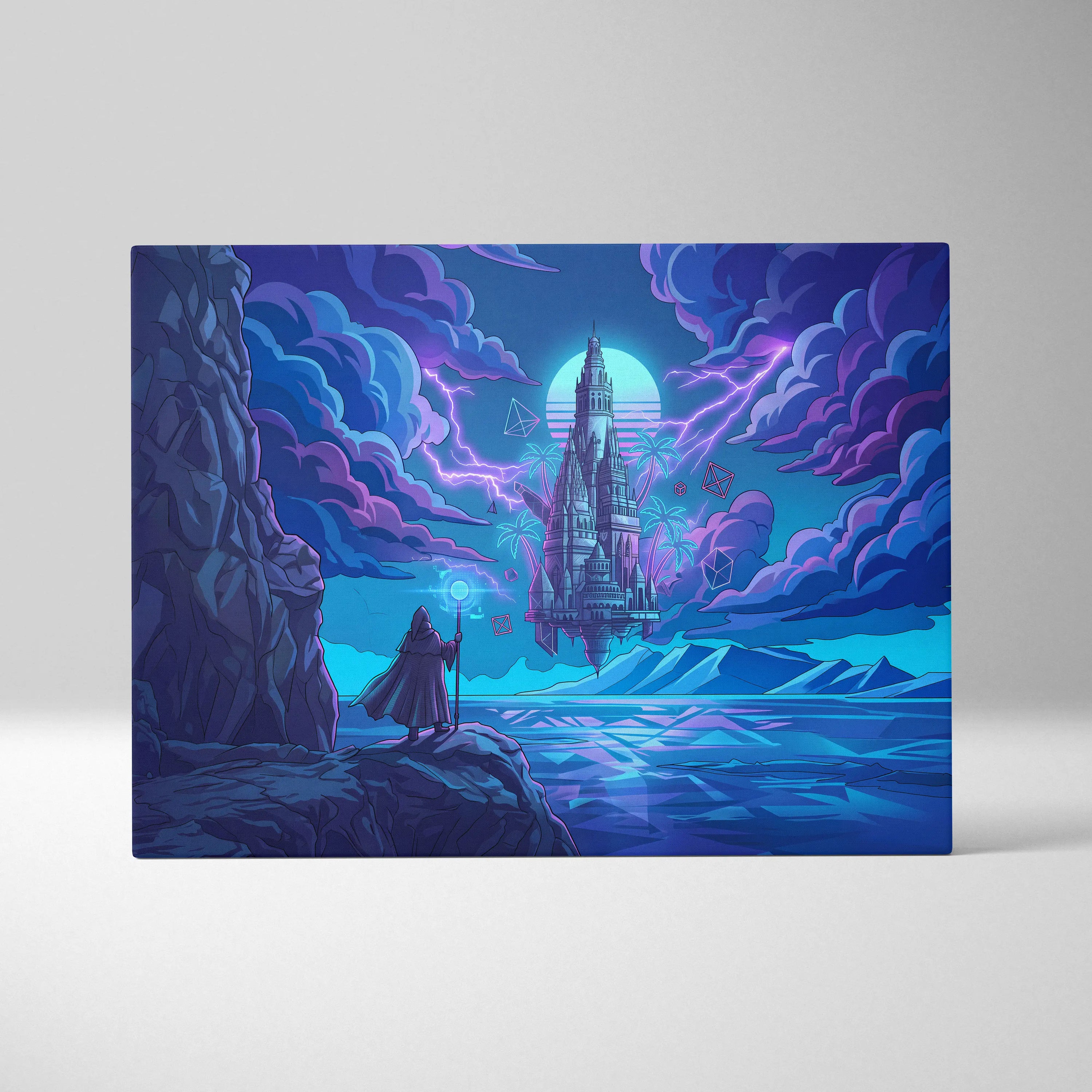 Vaporwave Neon Castle Canvas - Vaporwave Castle Neon Pink Purple Blue Living Room Modern Art Mystical Retro Canvas