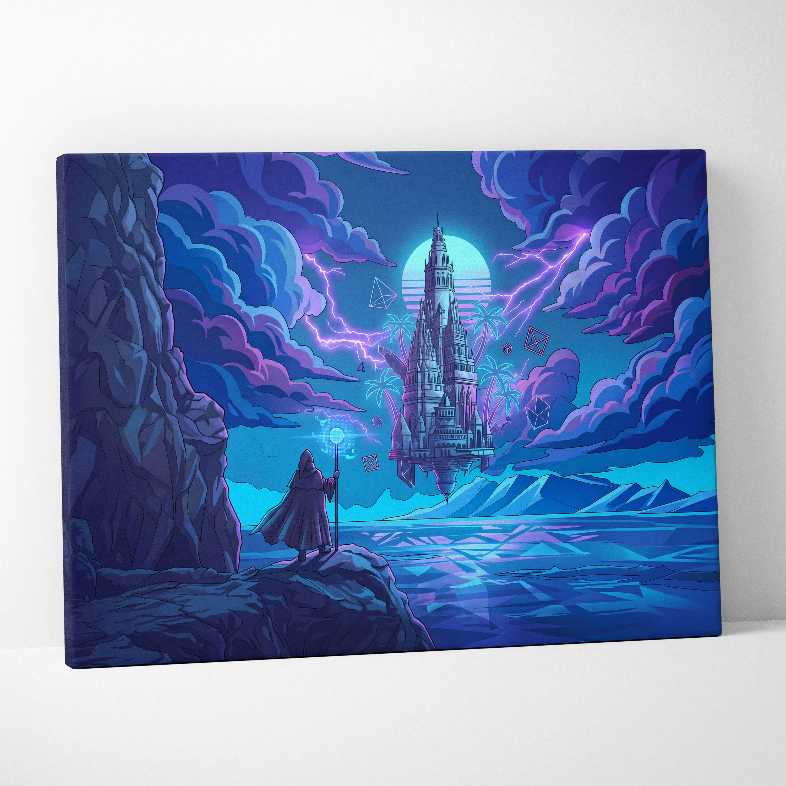 Vaporwave Neon Castle Canvas - Vaporwave Castle Neon Pink Purple Blue Living Room Modern Art Mystical Retro Canvas