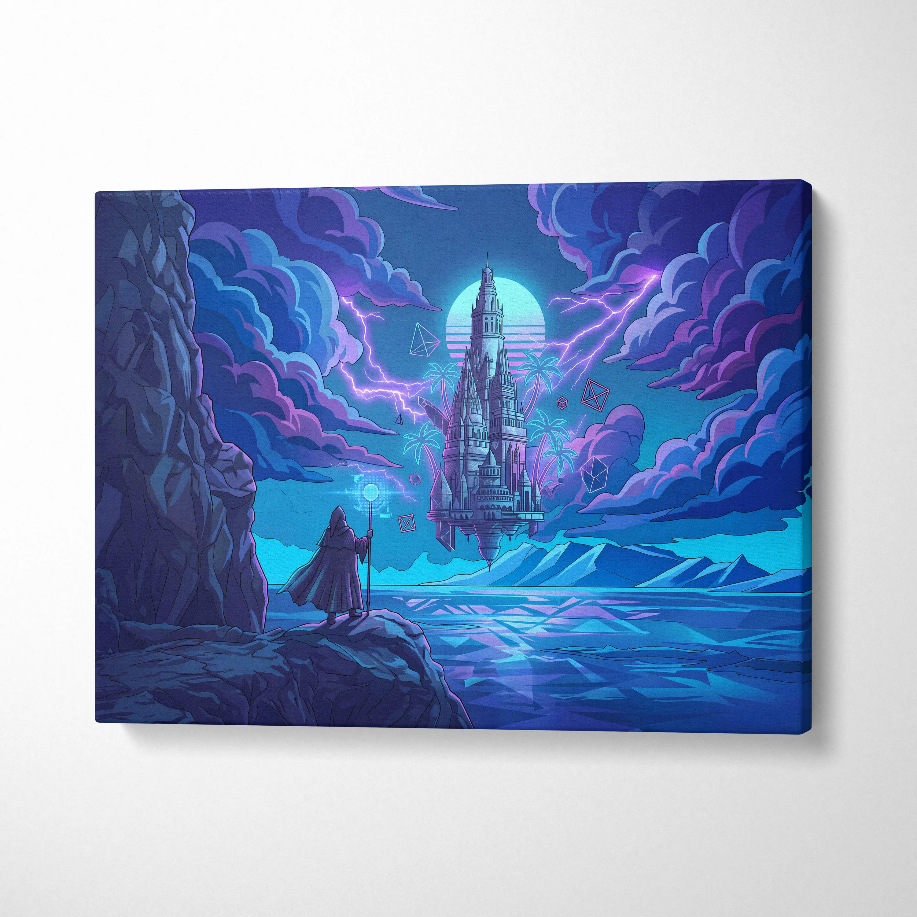 Vaporwave Neon Castle Canvas - Vaporwave Castle Neon Pink Purple Blue Living Room Modern Art Mystical Retro Canvas