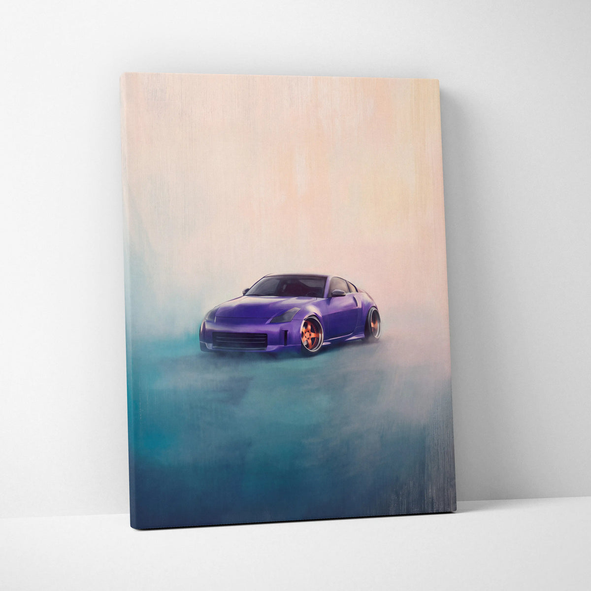 Purple Nissan 350z inspired automotive wall art canvas featuring a sports car with orange rims on a misty gradient background