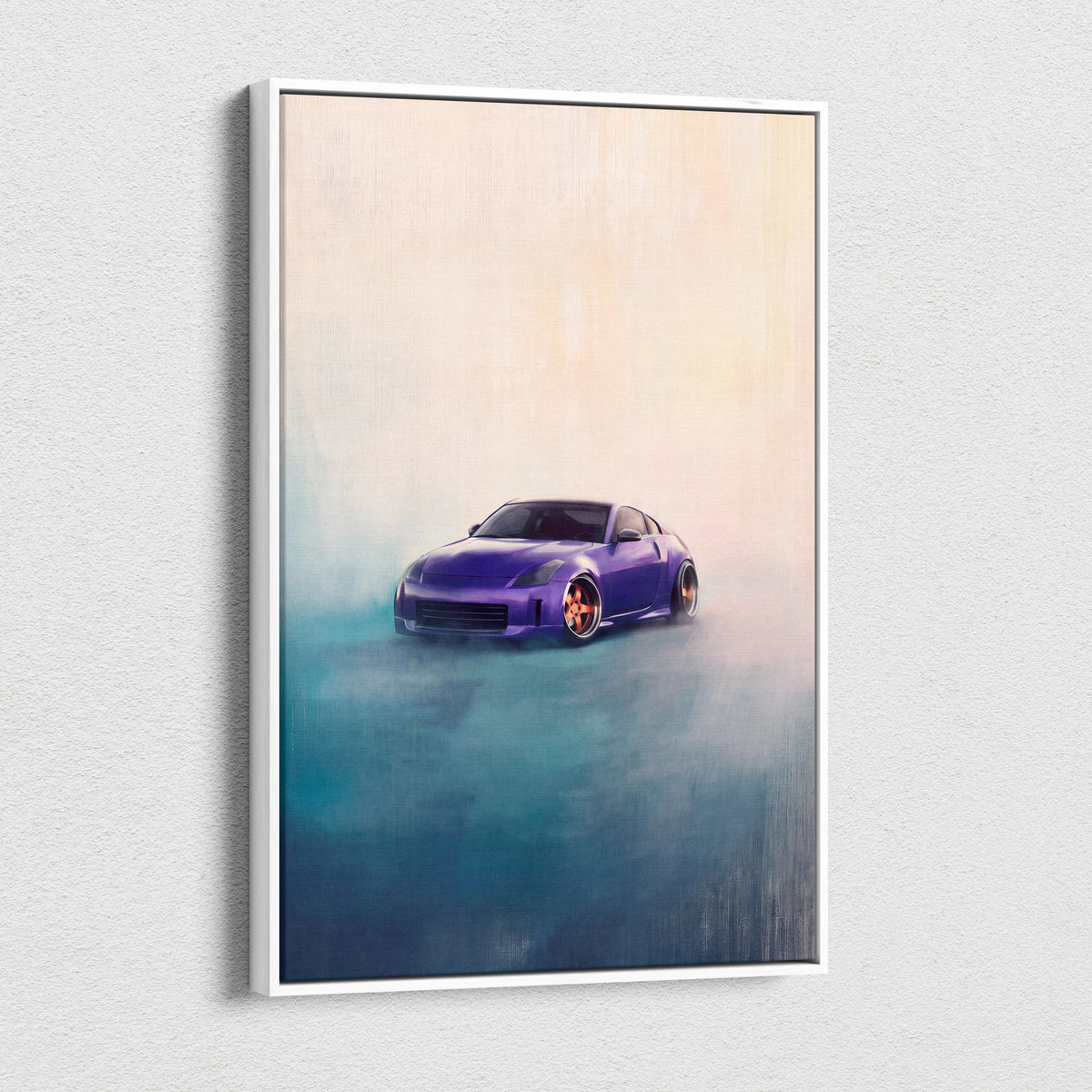 Nissan 350z inspired automotive wall art featuring a purple jdm sports car canvas painting in a white frame