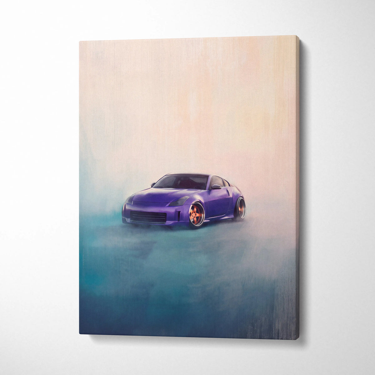Nissan 350z inspired automotive wall art featuring a purple jdm sports car with orange wheels on canvas painting