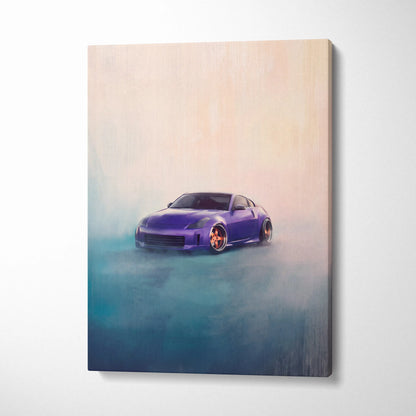 Nissan 350z inspired automotive wall art featuring a purple jdm sports car with orange wheels on canvas painting