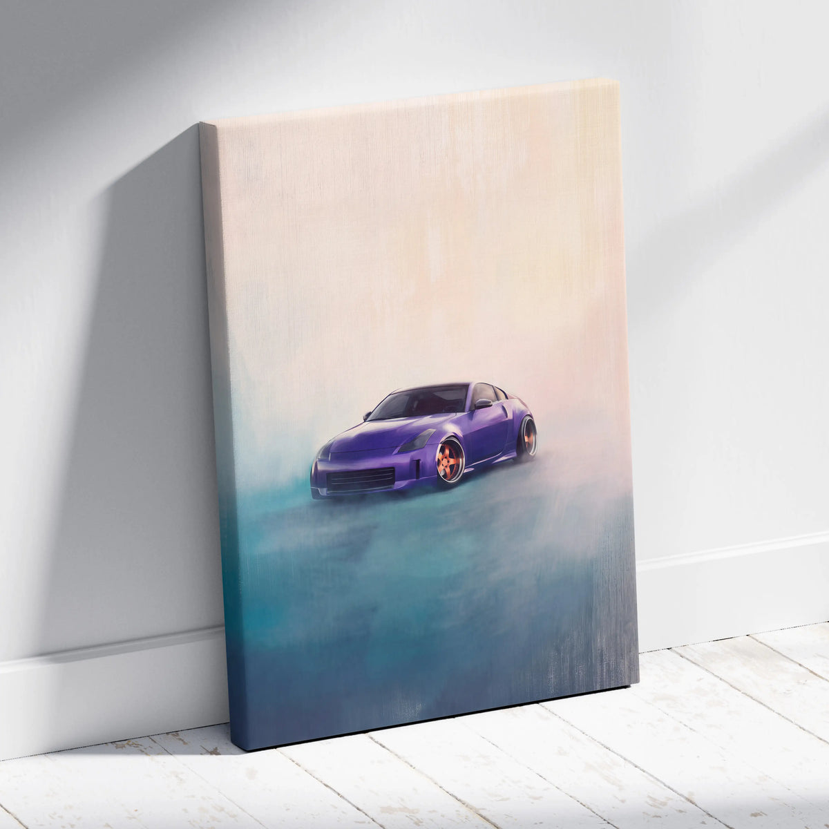 Nissan 350z inspired purple jdm sports car canvas painting with gradient background wall art print