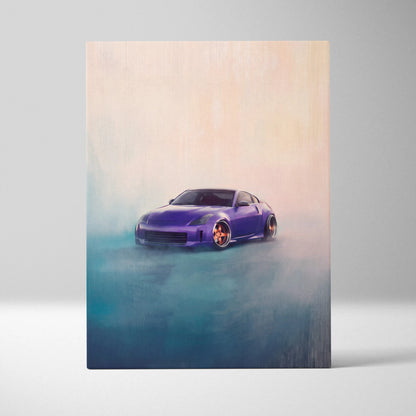 Nissan 350Z inspired purple JDM sports car canvas painting with vibrant orange accented wheels in misty artistic style