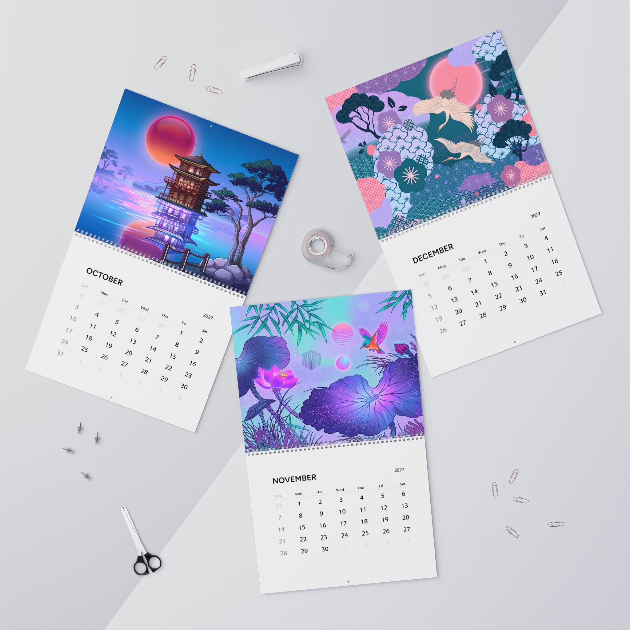 2027 Japanese Aesthetic Vaporwave Calendar – Retro Futuristic Neon Art & Japan Inspired Designs