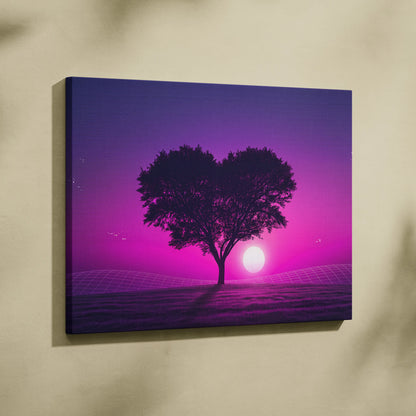Neon Sunset Vaporwave Canvas - Tree Silhouette Purple Pink Living Vaporwave Dreamy Nostalgic Retro-Futurism Canvas
