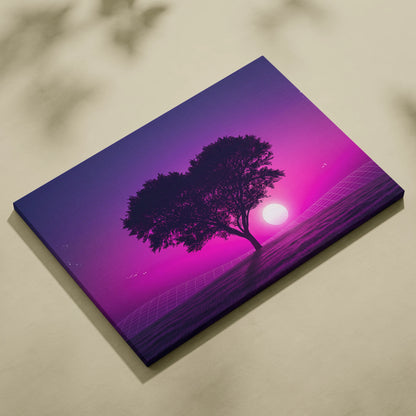 Neon Sunset Vaporwave Canvas - Tree Silhouette Purple Pink Living Vaporwave Dreamy Nostalgic Retro-Futurism Canvas