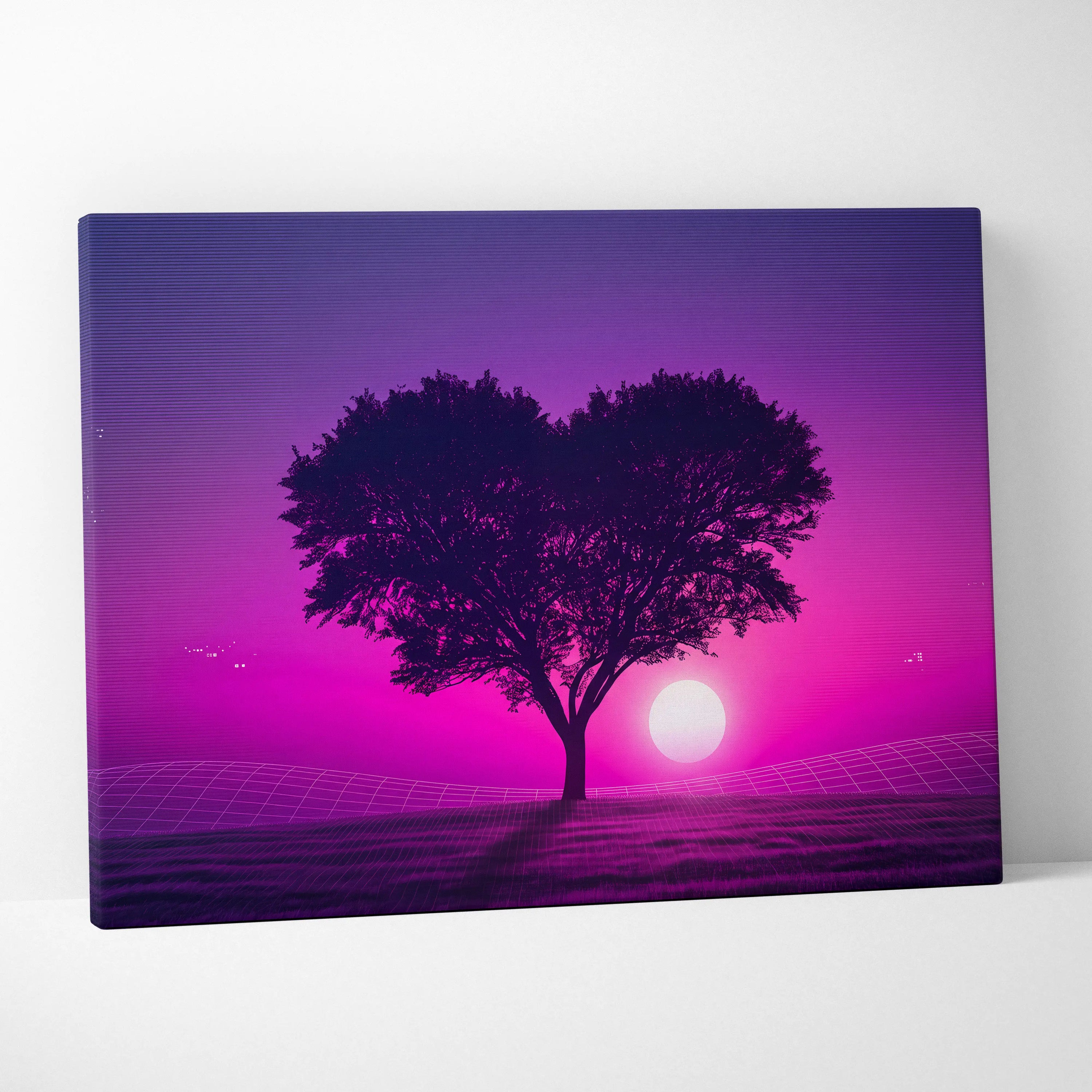 Neon Sunset Vaporwave Canvas - Tree Silhouette Purple Pink Living Vaporwave Dreamy Nostalgic Retro-Futurism Canvas