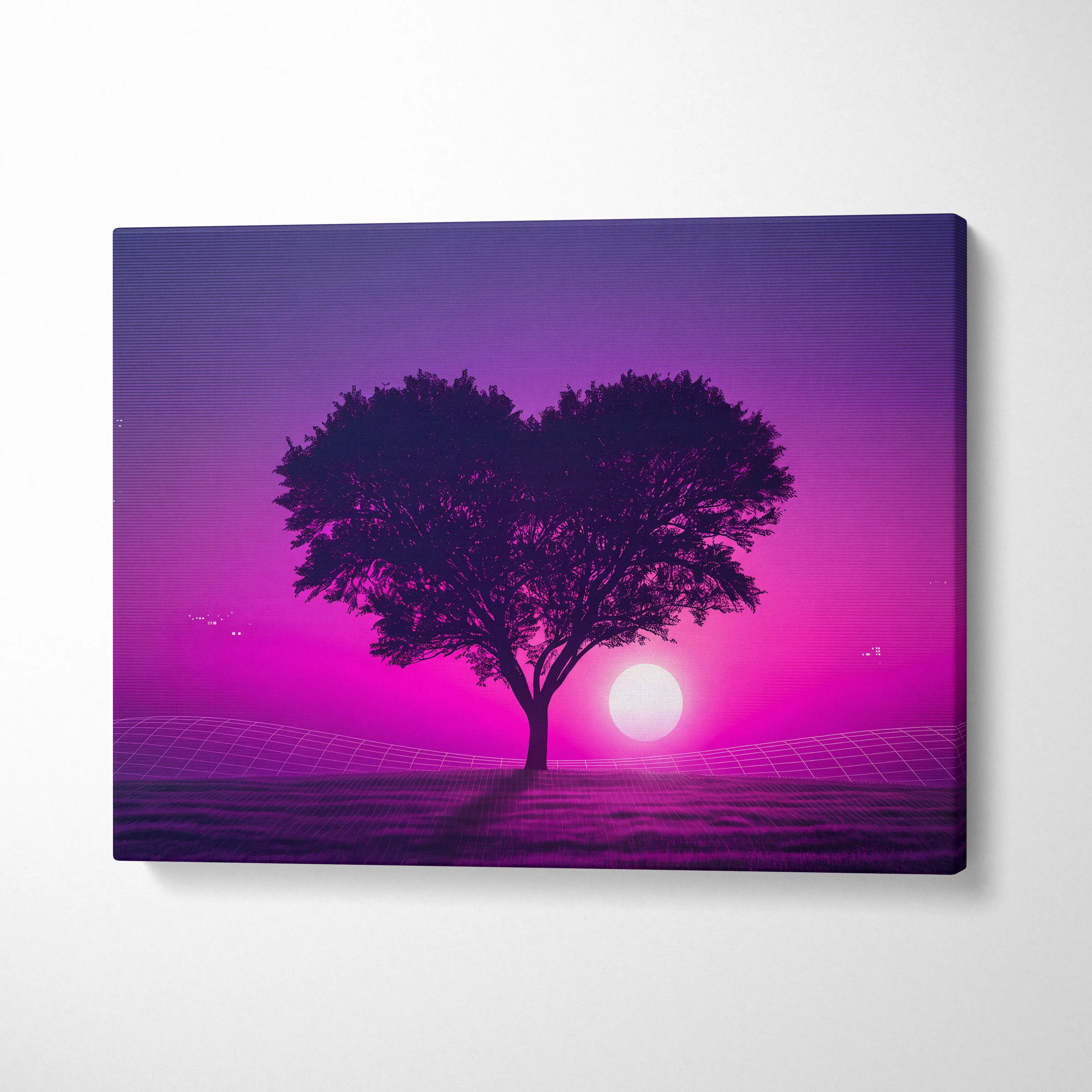 Neon Sunset Vaporwave Canvas - Tree Silhouette Purple Pink Living Vaporwave Dreamy Nostalgic Retro-Futurism Canvas