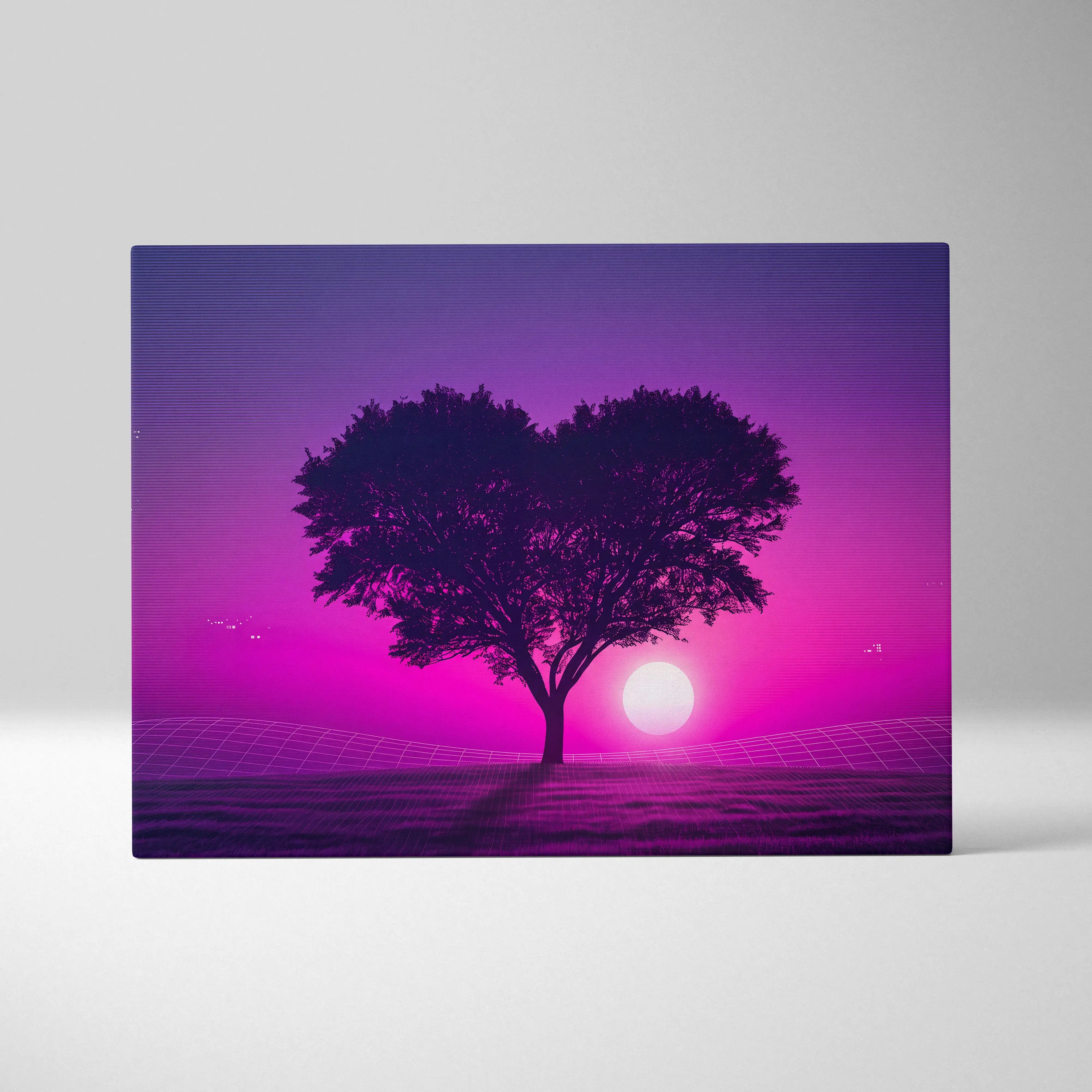 Neon Sunset Vaporwave Canvas - Tree Silhouette Purple Pink Living Vaporwave Dreamy Nostalgic Retro-Futurism Canvas