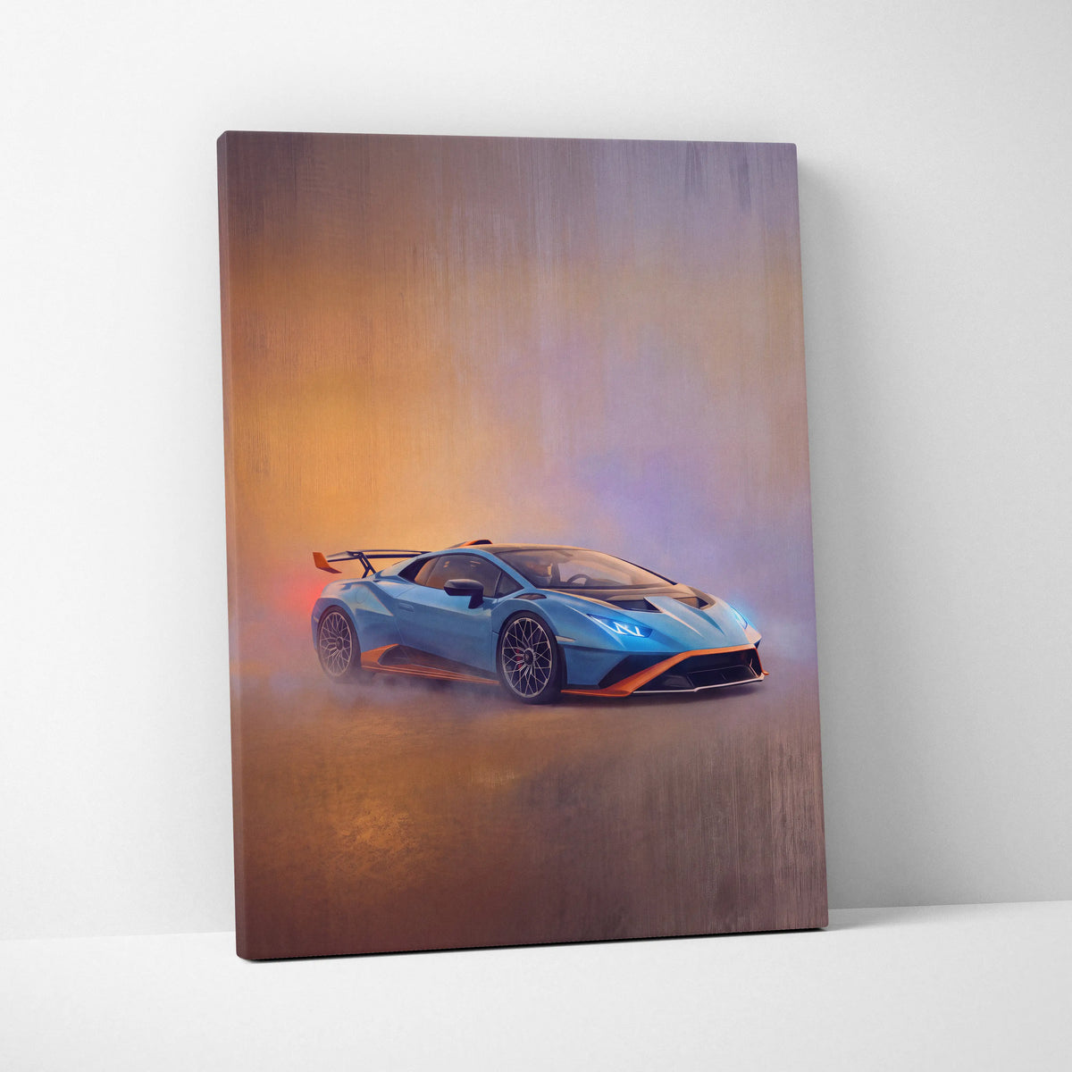 Blue and orange Lamborghini Huracán STO inspired canvas art premium automotive wall decor for car enthusiasts