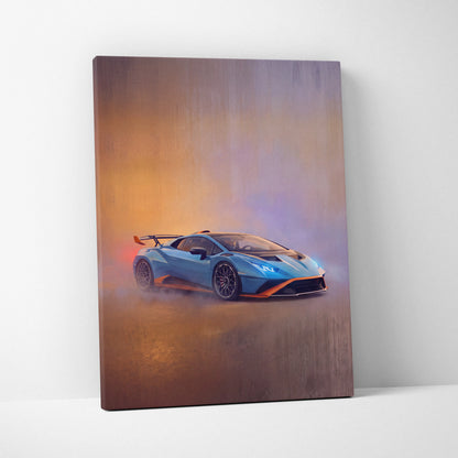 Blue and orange Lamborghini Huracán STO inspired canvas art premium automotive wall decor for car enthusiasts