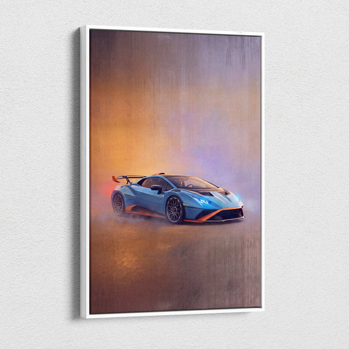 A framed canvas print of a vibrant blue Lamborghini Huracán STO with orange accents on a smoky background