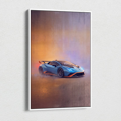 A framed canvas print of a vibrant blue Lamborghini Huracán STO with orange accents on a smoky background