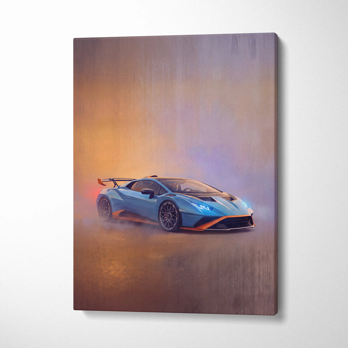 Lamborghini Huracán STO inspired canvas art featuring a vibrant blue and orange sports car in a smoky studio setting