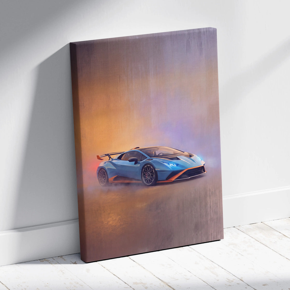 Blue and orange Lamborghini Huracán STO inspired canvas art premium automotive wall decor for car enthusiasts