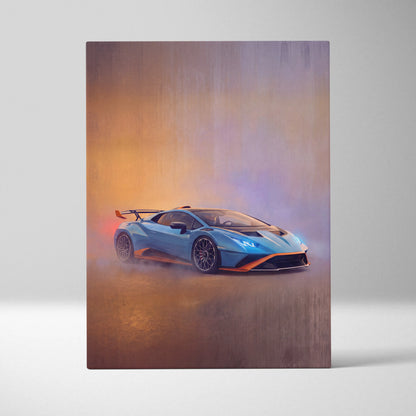 Lamborghini huracán sto inspired canvas art featuring blue and orange performance sports car in a smoky studio scene