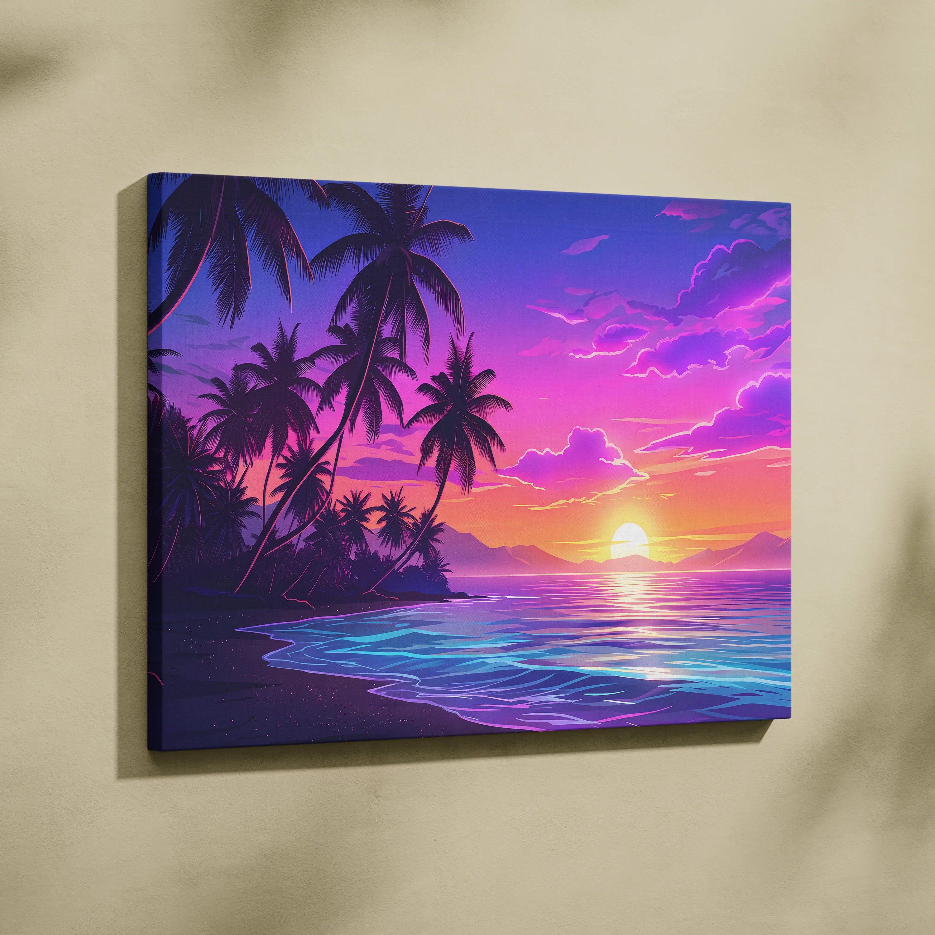 Neon Palm Sunset Vaporwave Canvas - Palm Sunset Neon Pink Blue Living Room Vaporwave Dreamy Nostalgic Retro Canvas