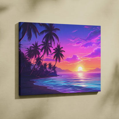 Neon Palm Sunset Vaporwave Canvas - Palm Sunset Neon Pink Blue Living Room Vaporwave Dreamy Nostalgic Retro Canvas