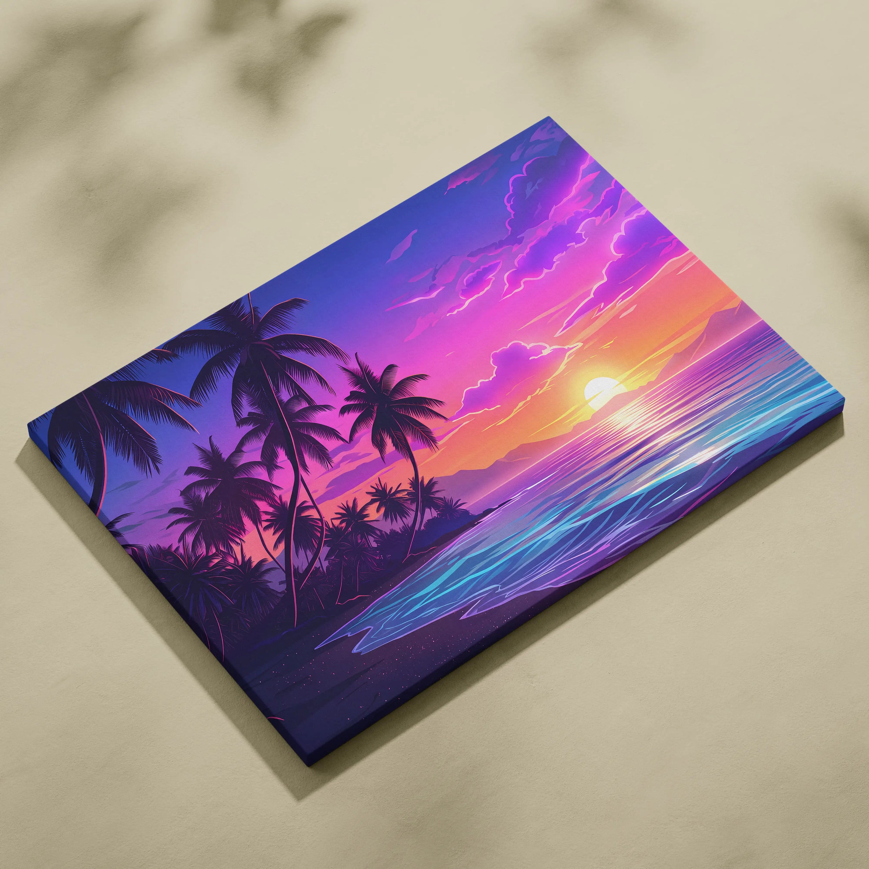 Neon Palm Sunset Vaporwave Canvas - Palm Sunset Neon Pink Blue Living Room Vaporwave Dreamy Nostalgic Retro Canvas