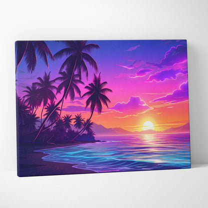 Neon Palm Sunset Vaporwave Canvas - Palm Sunset Neon Pink Blue Living Room Vaporwave Dreamy Nostalgic Retro Canvas