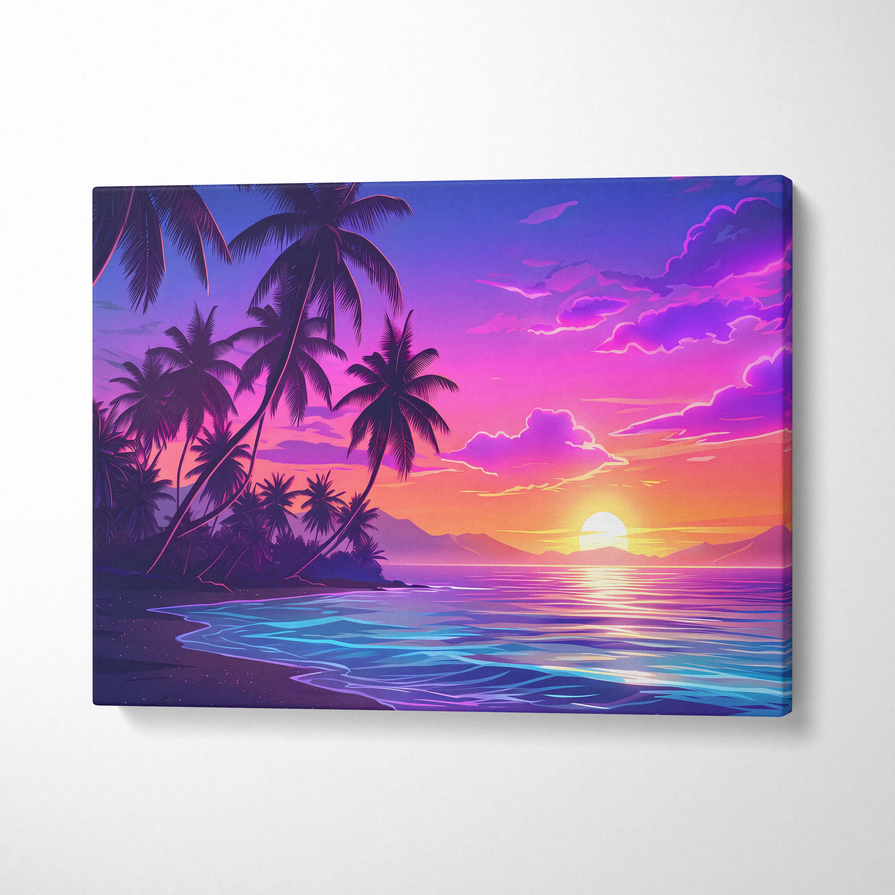 Neon Palm Sunset Vaporwave Canvas - Palm Sunset Neon Pink Blue Living Room Vaporwave Dreamy Nostalgic Retro Canvas