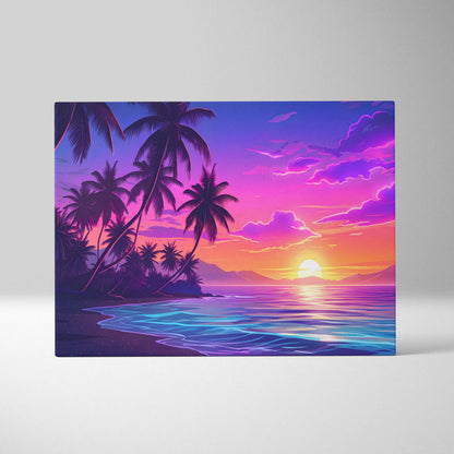 Neon Palm Sunset Vaporwave Canvas - Palm Sunset Neon Pink Blue Living Room Vaporwave Dreamy Nostalgic Retro Canvas