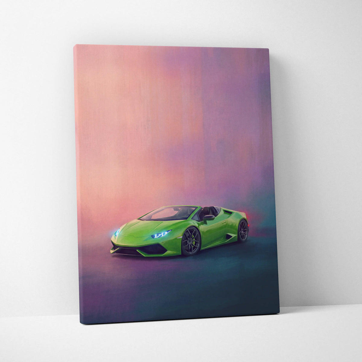Vibrant lime green lamborghini huracán spyder convertible canvas painting print with pink and purple gradient background