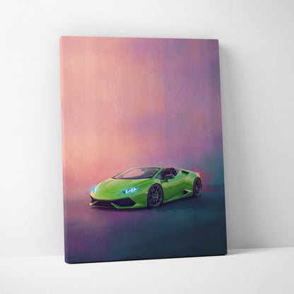 Vibrant lime green lamborghini huracán spyder convertible canvas painting print with pink and purple gradient background