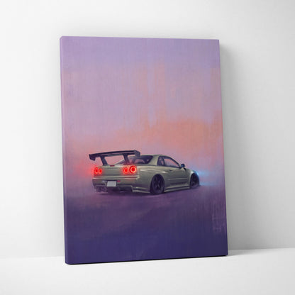 Nissan Skyline GT-R inspired canvas art featuring matte olive green Skyline R34 with glowing red taillights and black spoiler