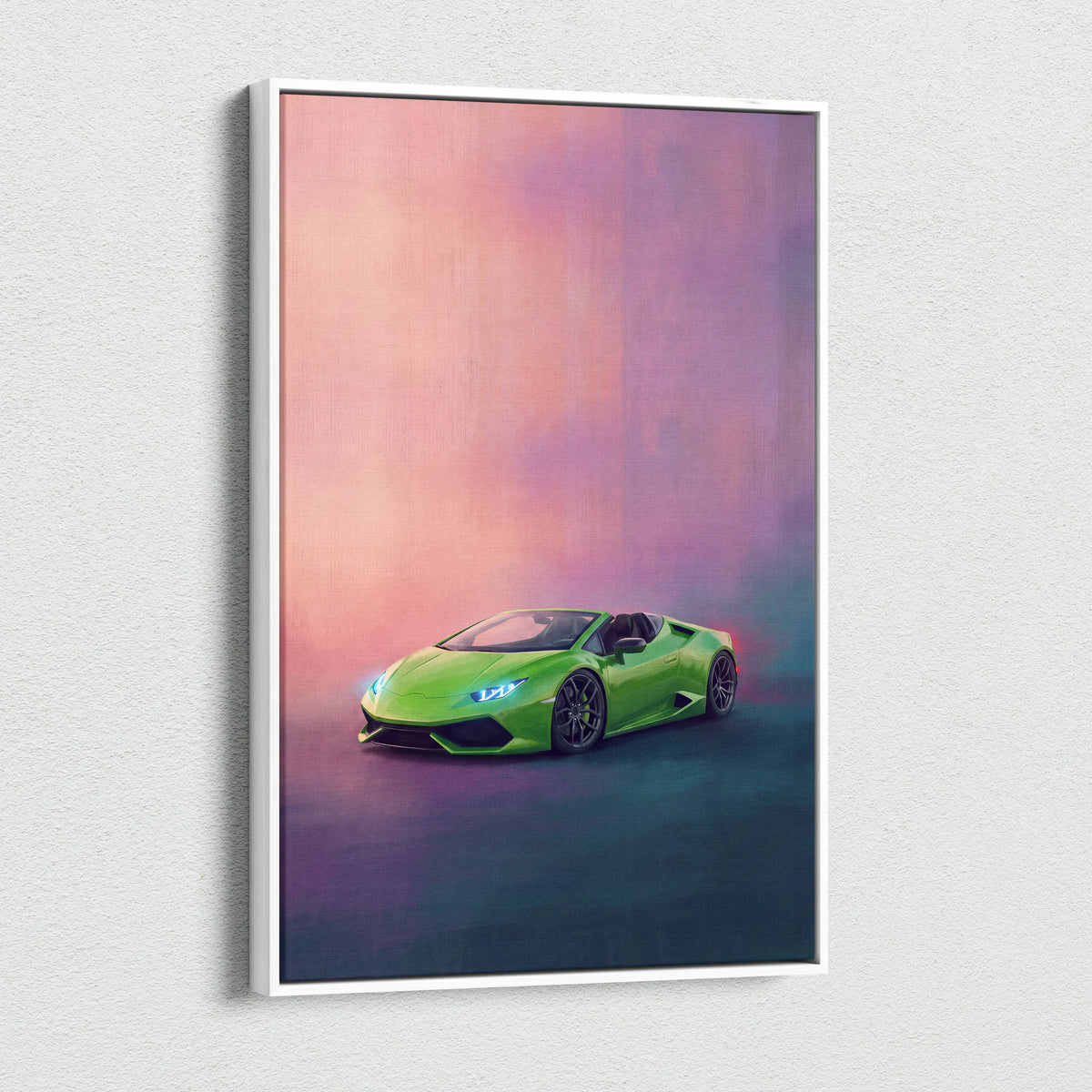 Vibrant lime green Lamborghini Huracán Spyder inspired convertible car wall art in a sleek white frame canvas print