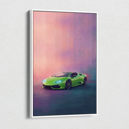 Vibrant lime green Lamborghini Huracán Spyder inspired convertible car wall art in a sleek white frame canvas print