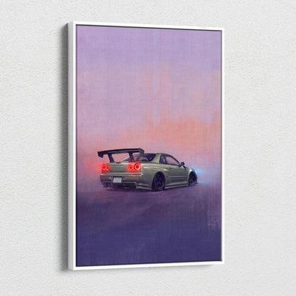 A framed canvas print of a matte olive-green Nissan Skyline R34 with glowing red taillights against a purple-pink twilight sky