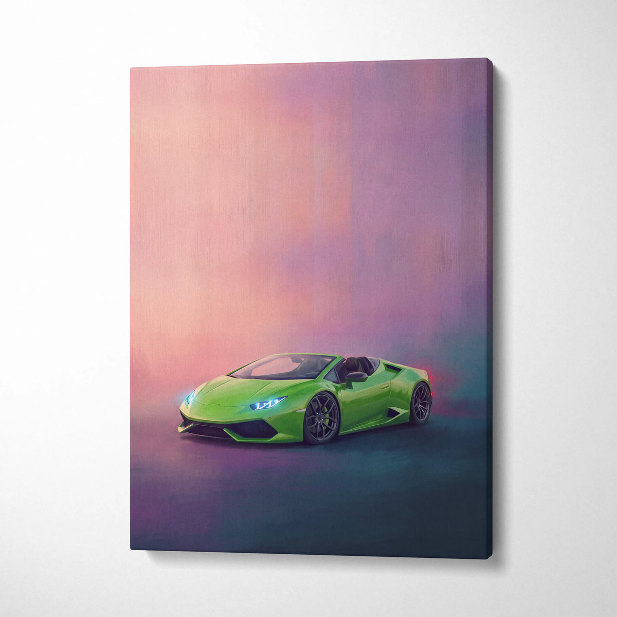 Vibrant lime green lamborghini huracán spyder inspired convertible canvas print wall art in track edition design