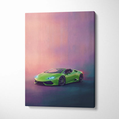Vibrant lime green lamborghini huracán spyder inspired convertible canvas print wall art in track edition design