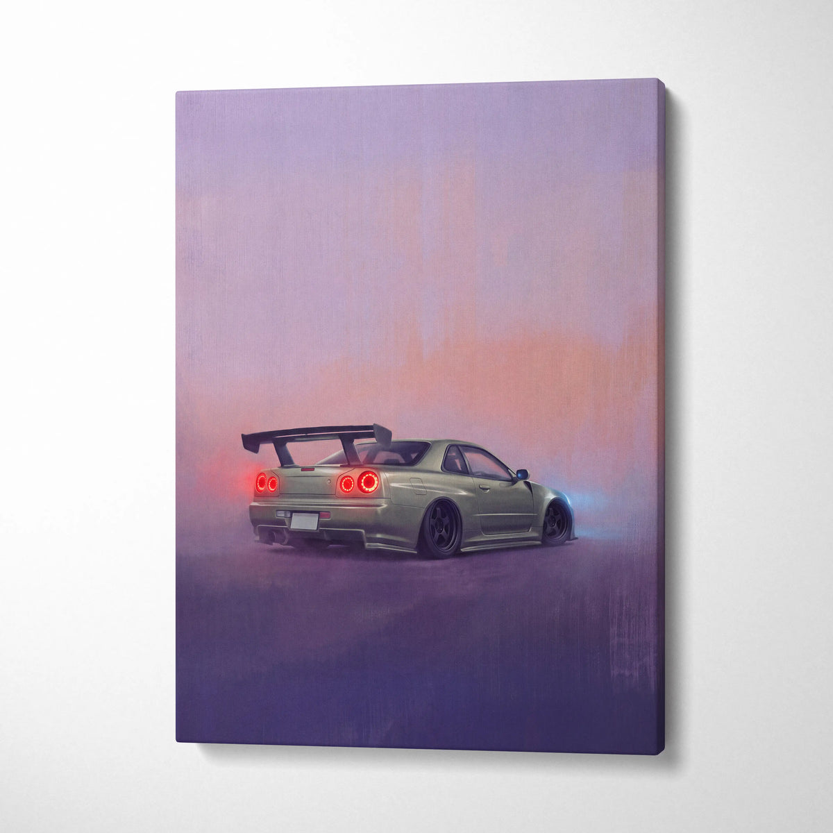 A canvas print of a matte olive green nissan skyline r34 with red taillights against a purple pink sky background
