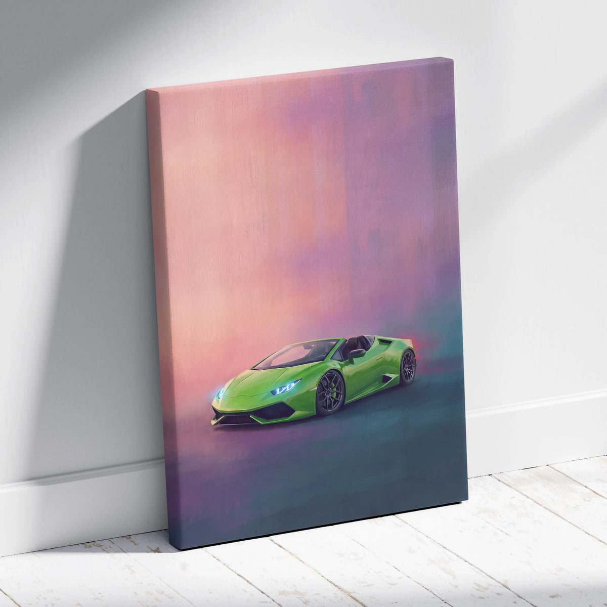 Vibrant lime green lamborghini huracán spyder track edition canvas print leaning against white wall for car decor
