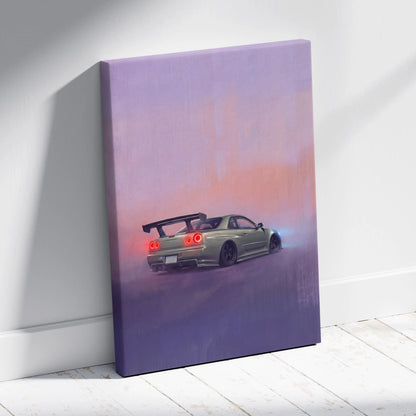A canvas print of a green Nissan Skyline R34 with red taillights against a purple and pink gradient sky