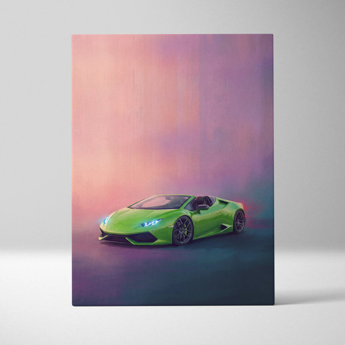 Vibrant lime green Lamborghini Huracán Spyder track edition canvas wall art featuring a convertible car design