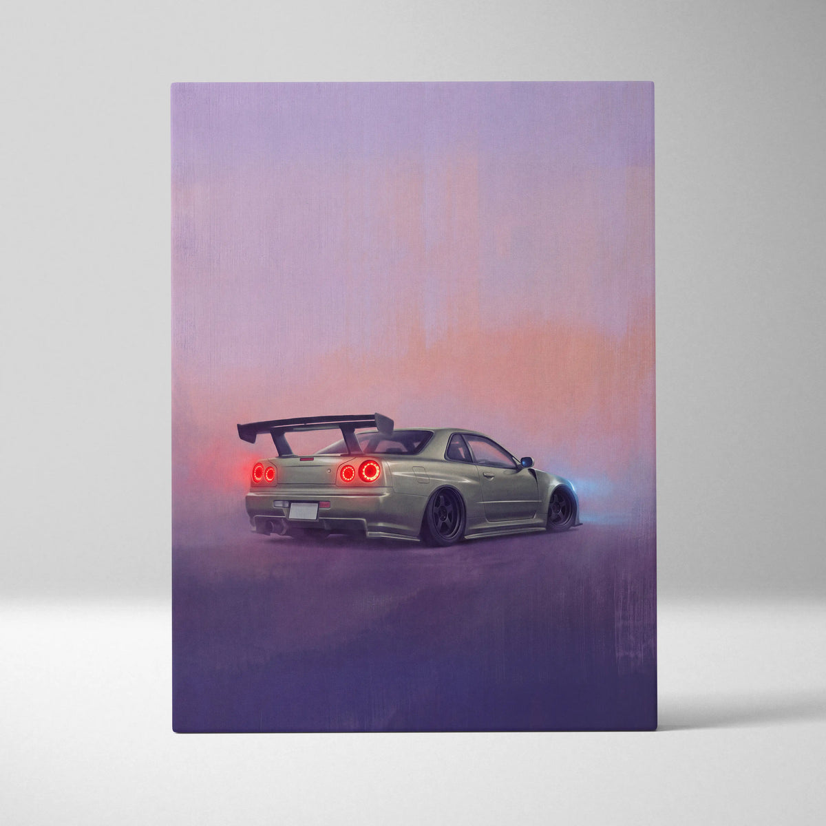 Matte olive green nissan skyline r34 canvas art with black rear spoiler and red taillights for jdm performance display