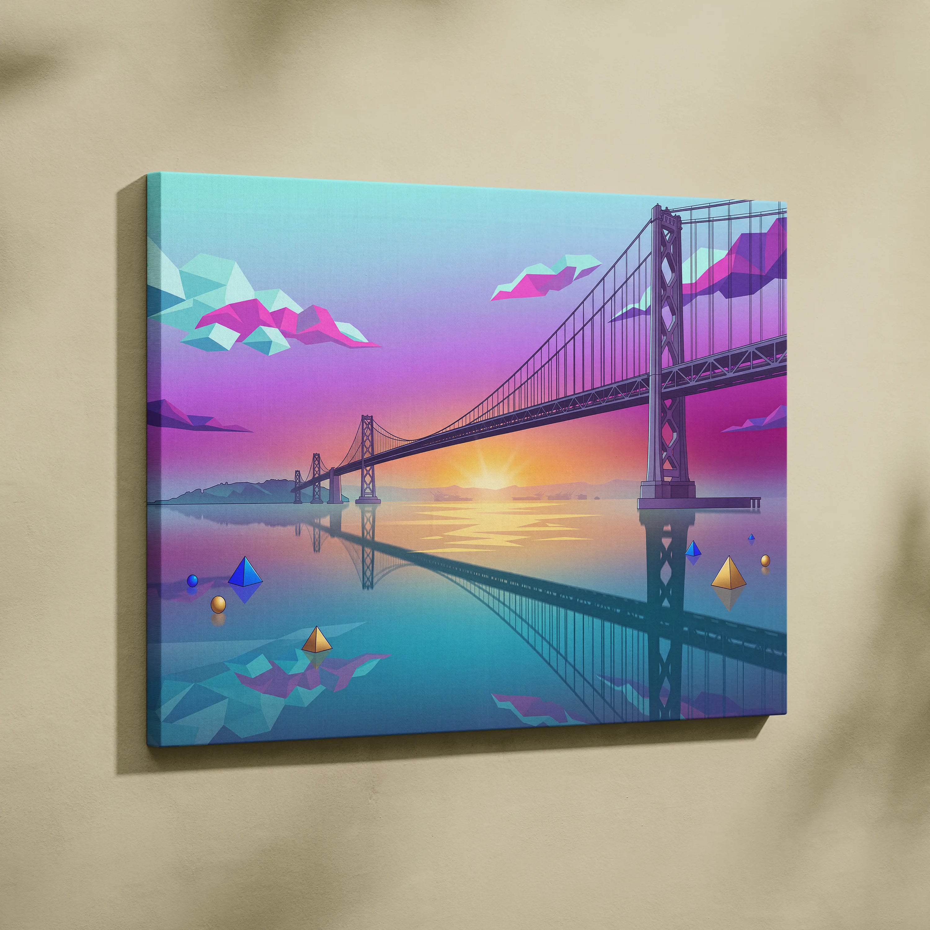 Neon Vaporwave Canvas Sunset - Vaporwave Landscape Blues Pink Turquoise Living Room Dreamy Nostalgic Neon Decor Canvas
