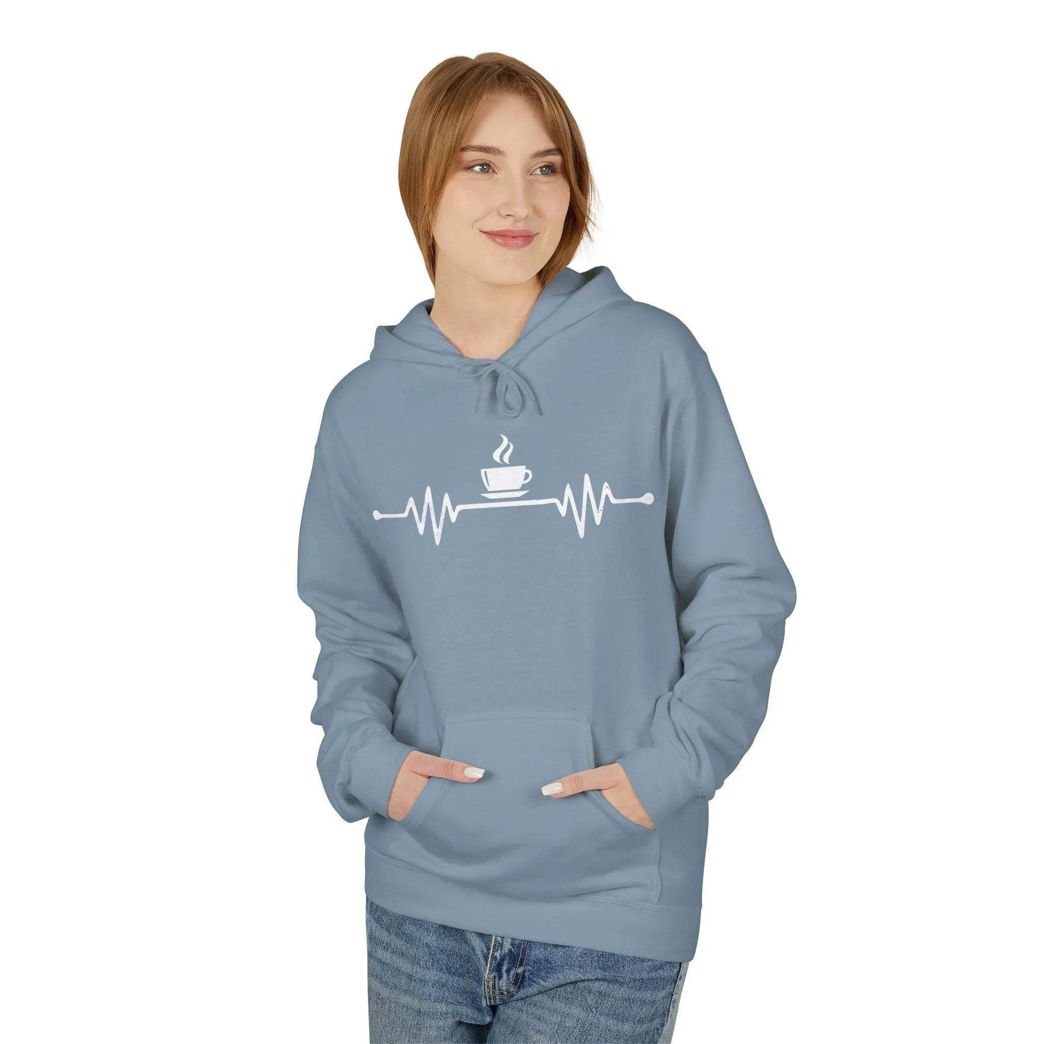 Cozy Coffee Lover's Fleece Hoodie – Heartbeat Design for Ultimate Comfort