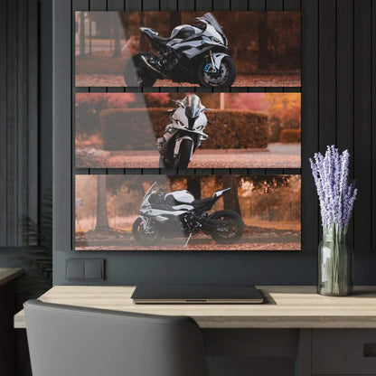 BMW S1000RR motorcycle canvas wall art triptych with orange and black tones, modern home decor canvas art.