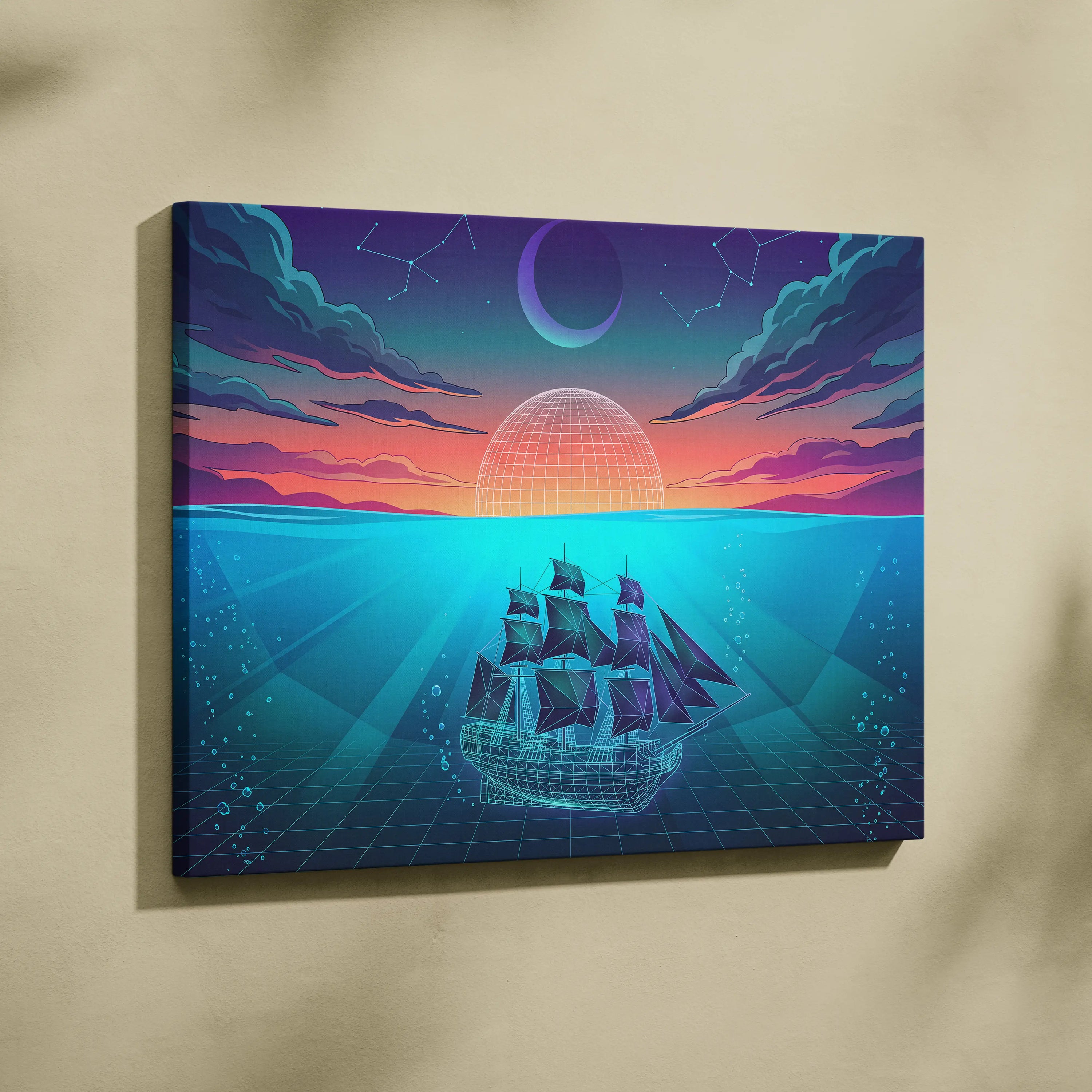 Neon Vaporwave Sunset Canvas - Neon City Pink Cyan Living Room Vaporwave Canvas Dreamy Nostalgia Retro-Futurist Wall Art