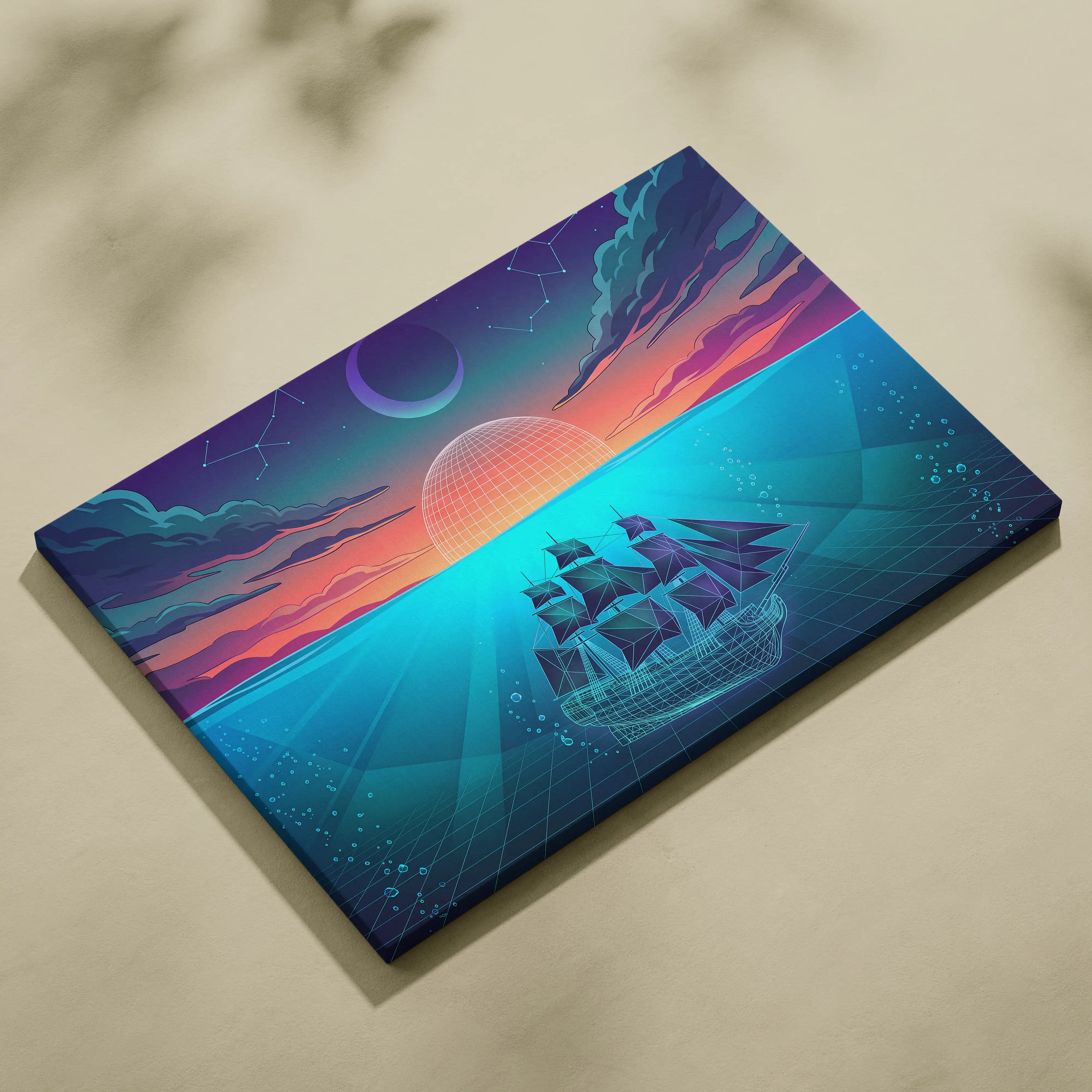 Neon Vaporwave Sunset Canvas - Neon City Pink Cyan Living Room Vaporwave Canvas Dreamy Nostalgia Retro-Futurist Wall Art