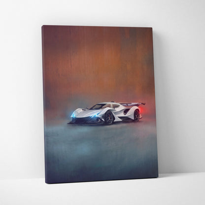 Apollo Intensa Emozione inspired white sports car canvas print with glowing blue headlights on orange to blue background