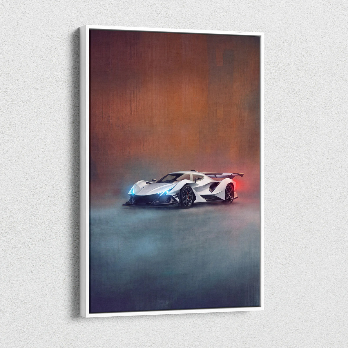 White framed canvas print of apollo intensa emozione inspired sleek white hypercar with glowing blue headlights and red taillights