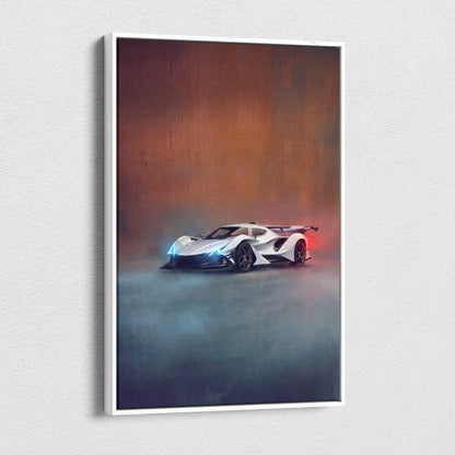White framed canvas print of apollo intensa emozione inspired sleek white hypercar with glowing blue headlights and red taillights
